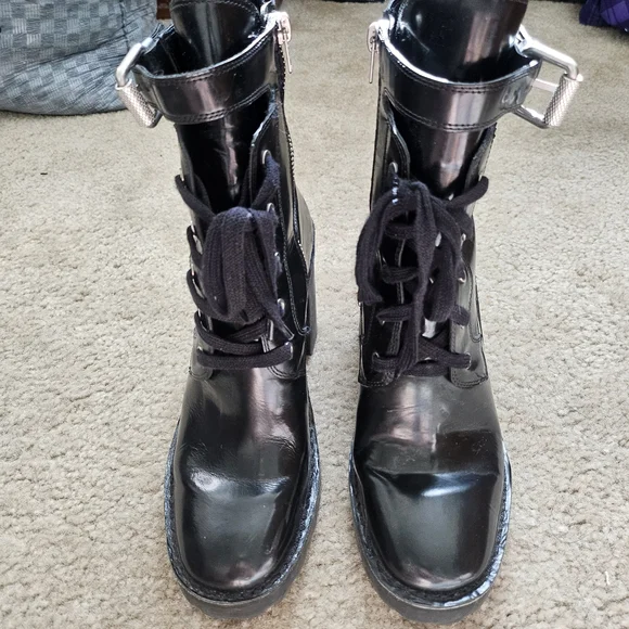 AllSaints Casey Black Leather Lace-Up Buckle Block Heel Ankle Boots SZ 40 - Picture 4 of 9